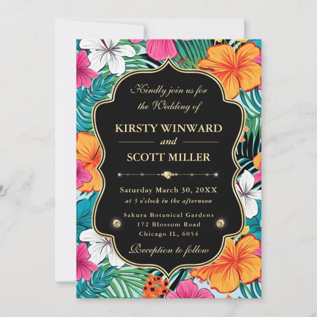 Invitación Boda Tropical Hibisco Dorado (Anverso)