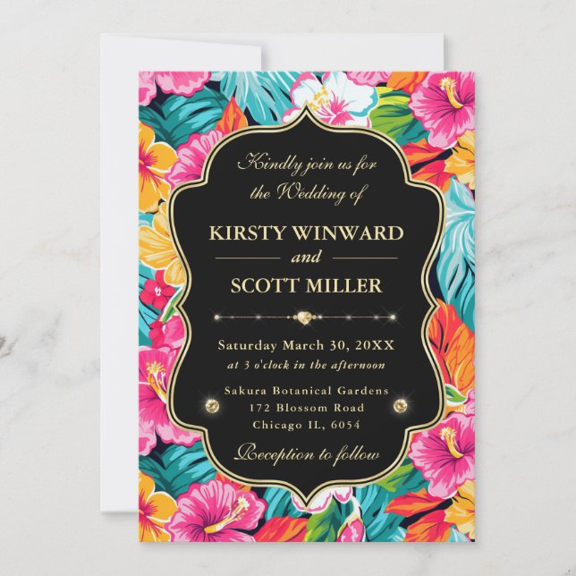 Invitación Boda Tropical Hibisco Dorado (Anverso)