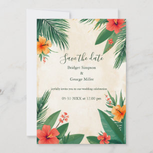 Invitación Boda Tropical Hibisco Naranja Rojo Hawaii 