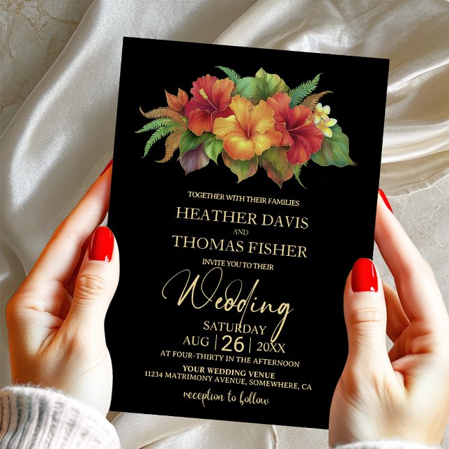 Invitación Boda Tropical Hibiscus Floral Negra (Subido por el creador)