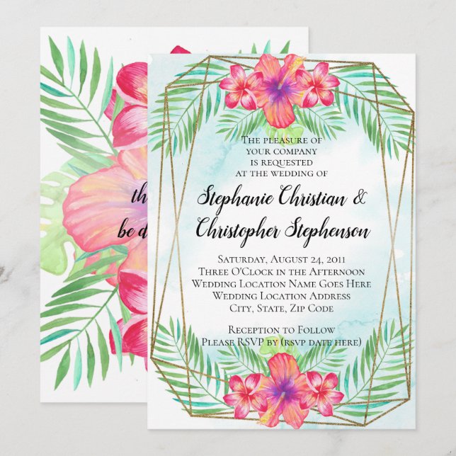 Invitación Boda Tropical Hibiscus Flower Watercolor Beach (Anverso / Reverso)