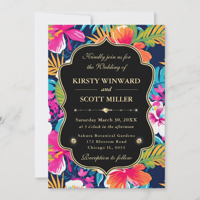 Invitación Boda Tropical Hibiscus Gold (Anverso)