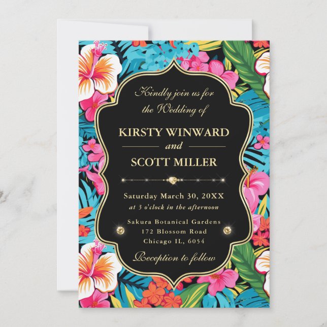 Invitación Boda Tropical Hibiscus Gold (Anverso)
