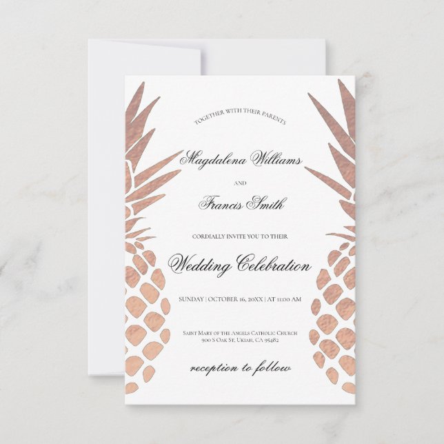 Invitación boda tropical imitación de piña dorada elegante (Anverso)