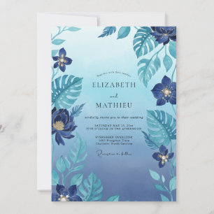 Invitación Boda Tropical Indigo Monstera Eucalipto