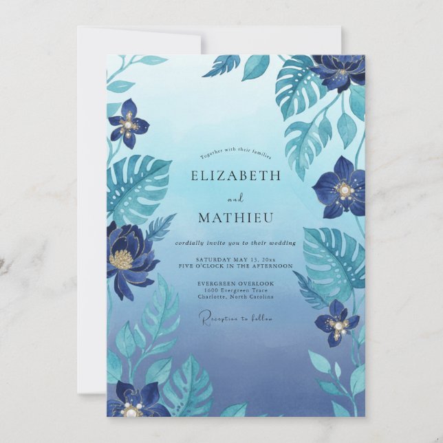 Invitación Boda Tropical Indigo Monstera Eucalipto (Anverso)