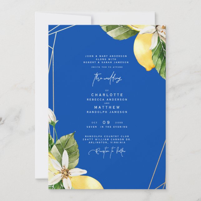 Invitación Boda Tropical Mediterráneo de Cobalto colorido (Anverso)