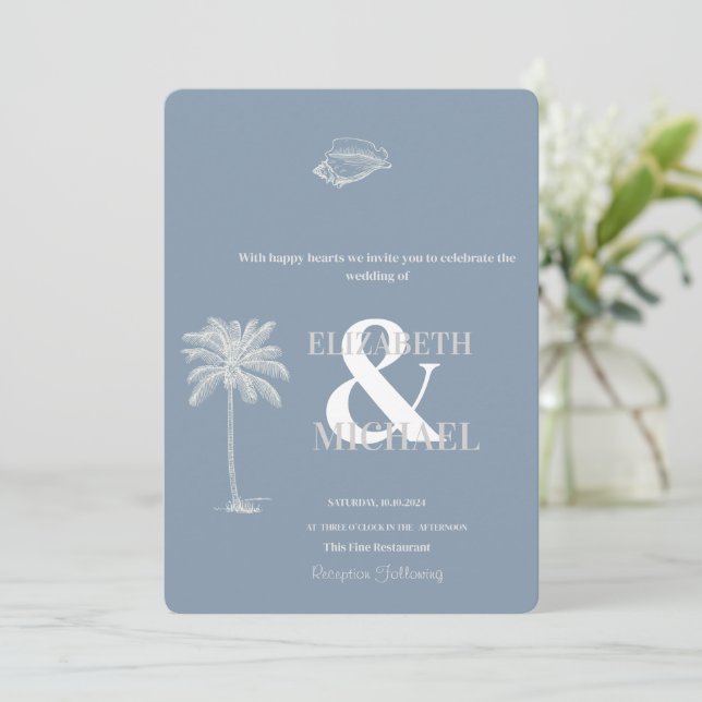 Invitación Boda tropical minimalista Dusty Blue (Anverso de pie)