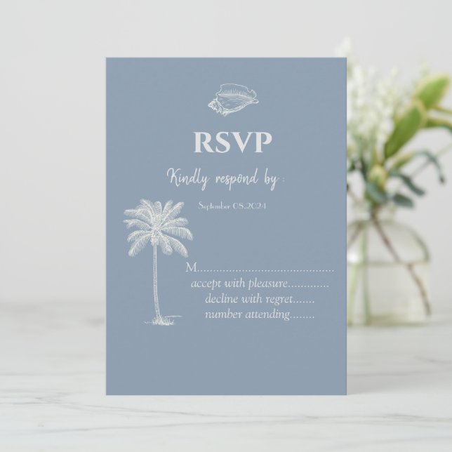 Invitación Boda tropical minimalista Dusty Blue RSVP (Anverso de pie)