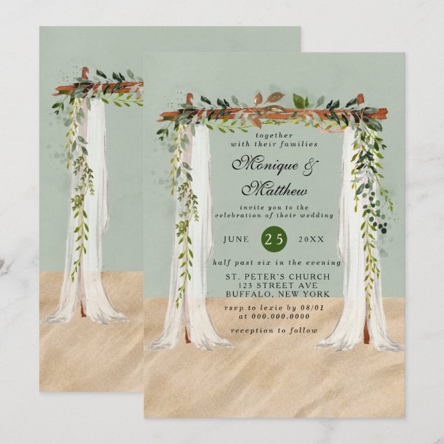 Invitación Boda Tropical Moderno de Canopy de Arena Blanca (Anverso / Reverso)