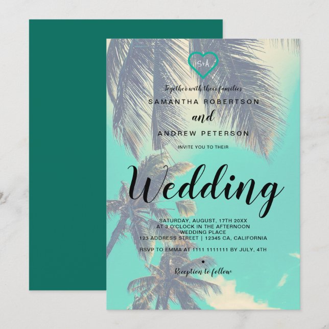 Invitación Boda tropical moderno de la foto de la capa de la (Anverso / Reverso)