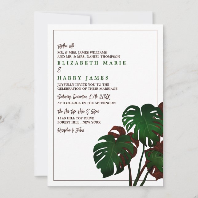 Invitación Boda Tropical Monstera Beach (Anverso)