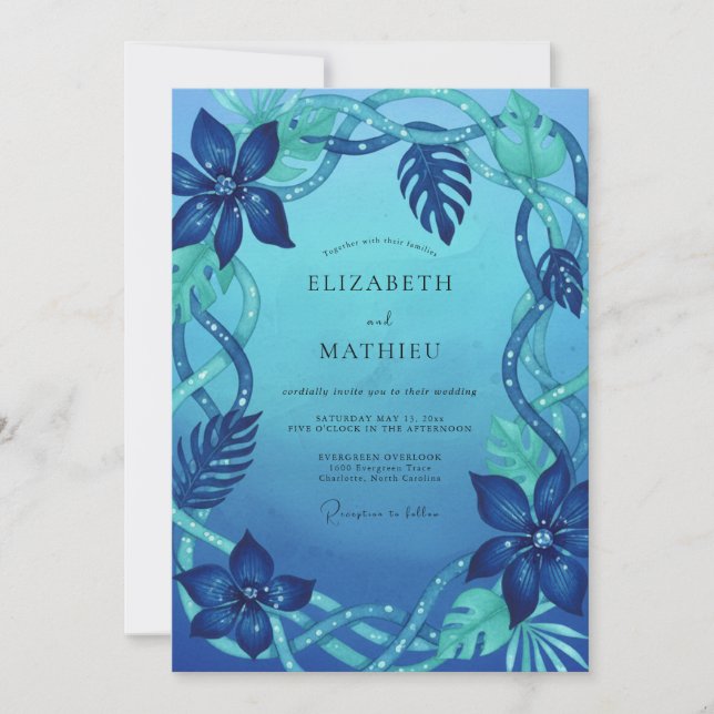 Invitación Boda Tropical Monstera Eucalipto Cian (Anverso)