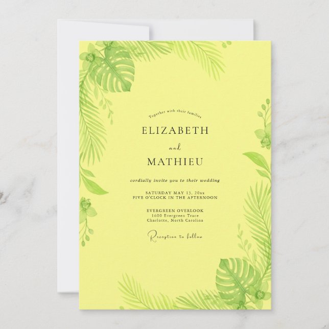 Invitación Boda Tropical Monstera Eucalipto Limón (Anverso)