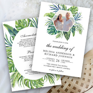 Invitación Boda Tropical Monstera Hojas de Palma Todo en Uno