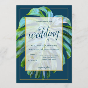 Invitación Boda Tropical Monstera Leaf Dark Blue Gold