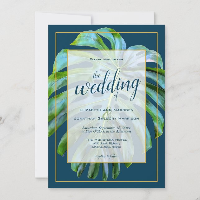 Invitación Boda Tropical Monstera Leaf Dark Blue Gold (Anverso)