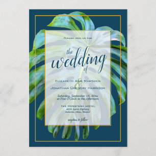 Invitación Boda Tropical Monstera Leaf Dark Blue Gold