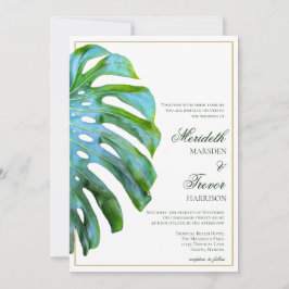 Invitación Boda Tropical Monstera Leaf Green Gold Beach