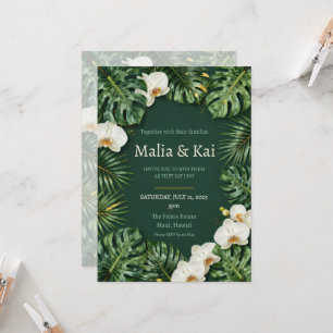 Invitación Boda Tropical Monstera Orquídea Blanca Verde Oscur