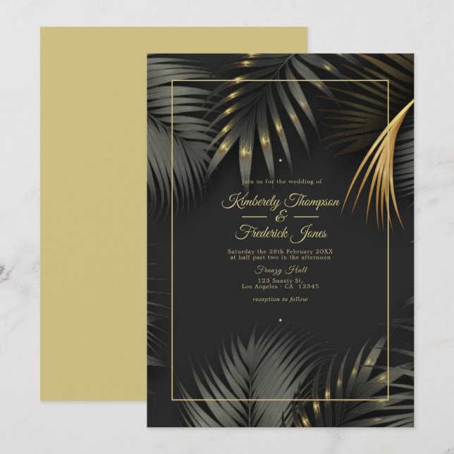 Invitación Boda Tropical Negra y Dorada (Anverso / Reverso)