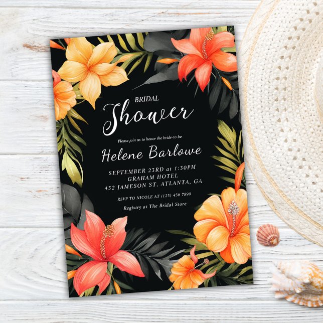 Invitación Boda tropical negro ducha de novia (Black Tropical Wedding Bridal Shower Invitation)