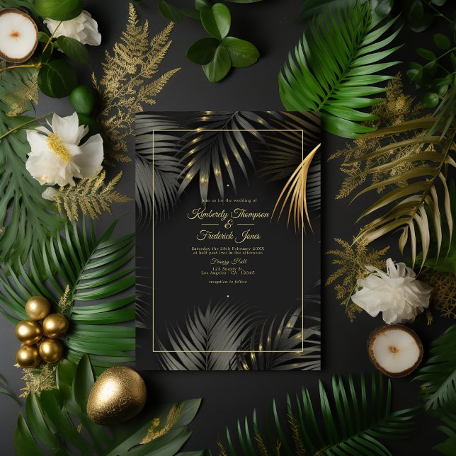Invitación Boda Tropical Negro y Oro (Black and Gold Tropical Wedding)