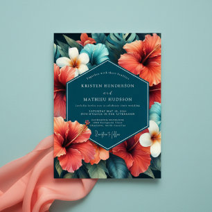 Invitación Boda Tropical Opulenta Floral de Coral