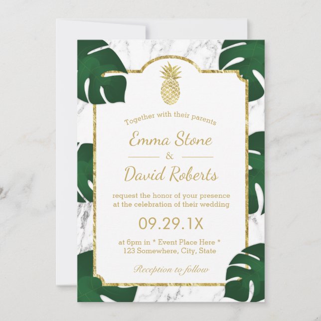 Invitación Boda Tropical Oro Piña Mármol Blanco (Anverso)
