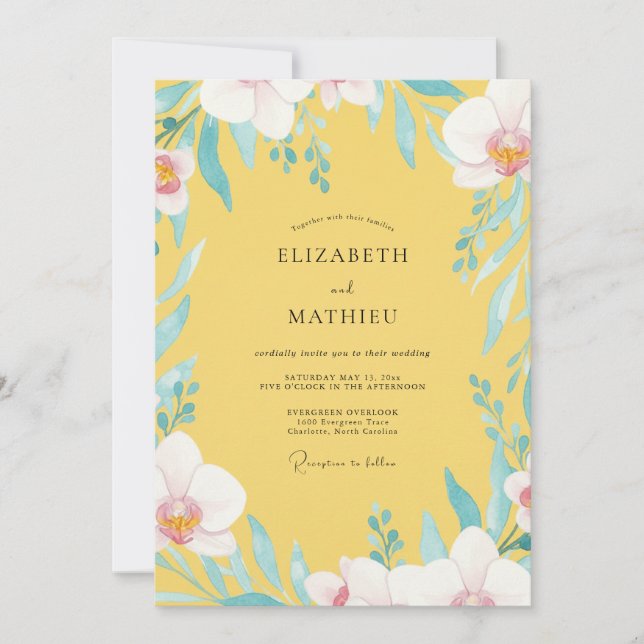 Invitación Boda Tropical Orquídea Amarilla (Anverso)