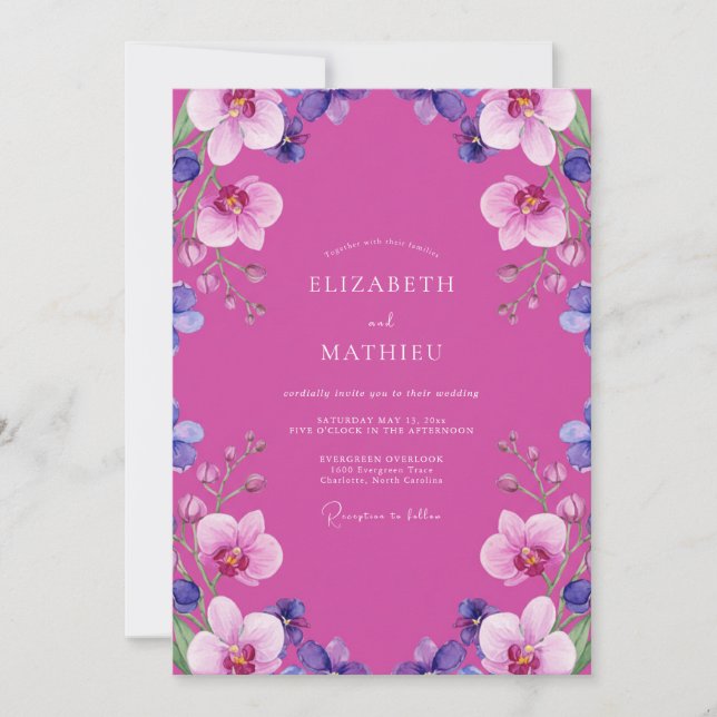 Invitación Boda Tropical Orquídea Magenta (Anverso)