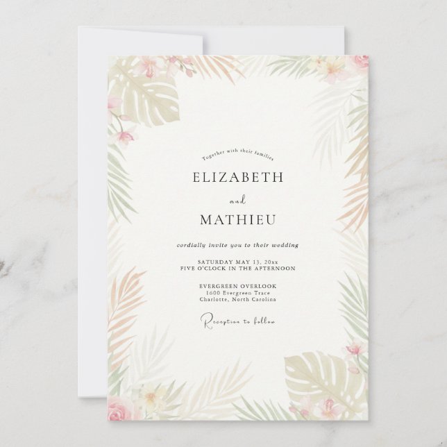 Invitación Boda Tropical Palma Eucalipto Champán (Anverso)