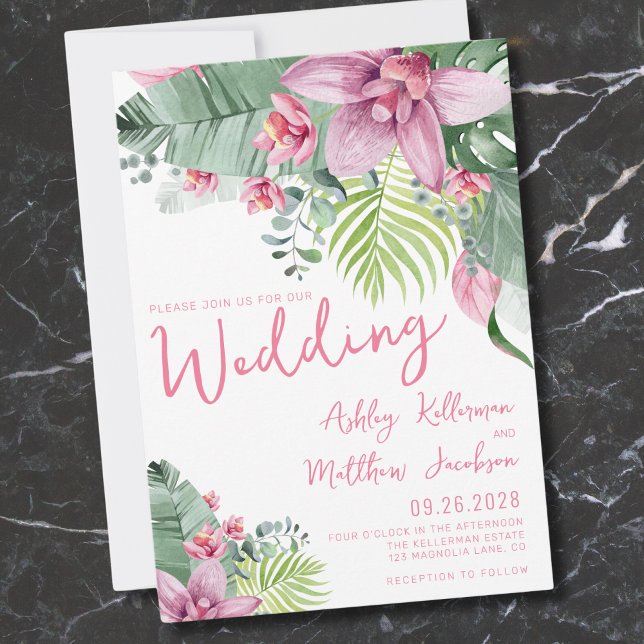 Invitación Boda Tropical Palma Floral (Pink Green Floral Palm Leaves Tropical Wedding Invitation)