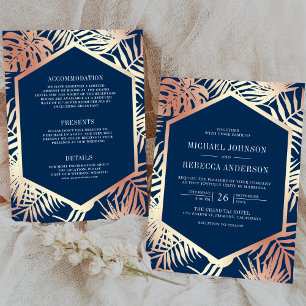 Invitación Boda Tropical Palma Rosa Oro Marina Todo en Uno