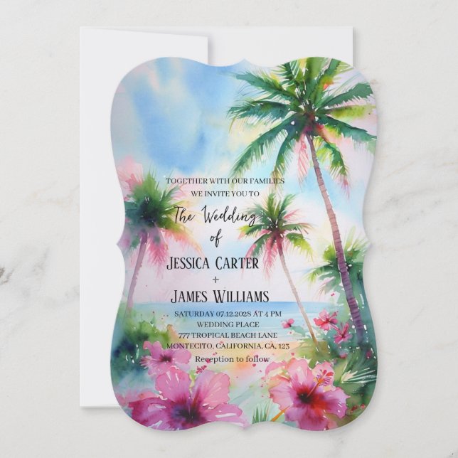 Invitación Boda Tropical Playa Hibisco Hawaiano (Anverso)