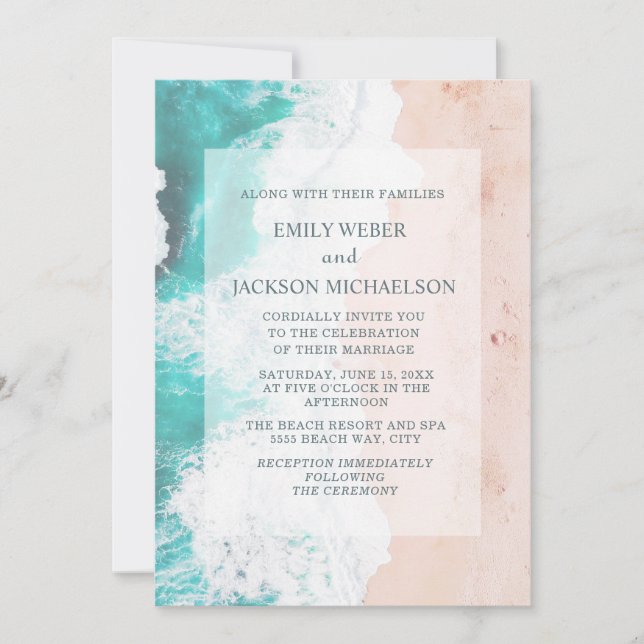 Invitación Boda Tropical Playa Océano Turquesa Blanco Marrón (Anverso)