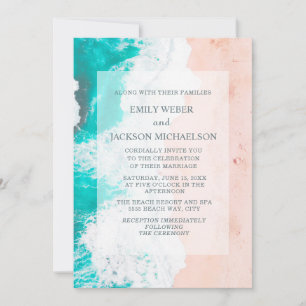 Invitación Boda Tropical Playa Océano Turquesa Blanco Marrón