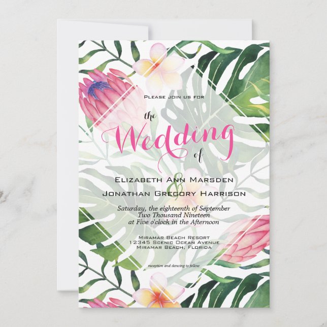 Invitación Boda Tropical Playa Protea Rosa Vegetación Floral (Anverso)