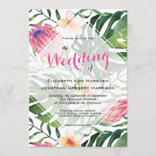 Invitación Boda Tropical Playa Protea Rosa Vegetación Floral