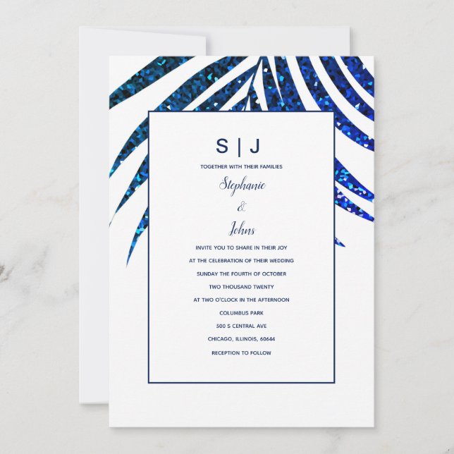 Invitación Boda tropical Purpurina azul de la Marina de Palm  (Anverso)