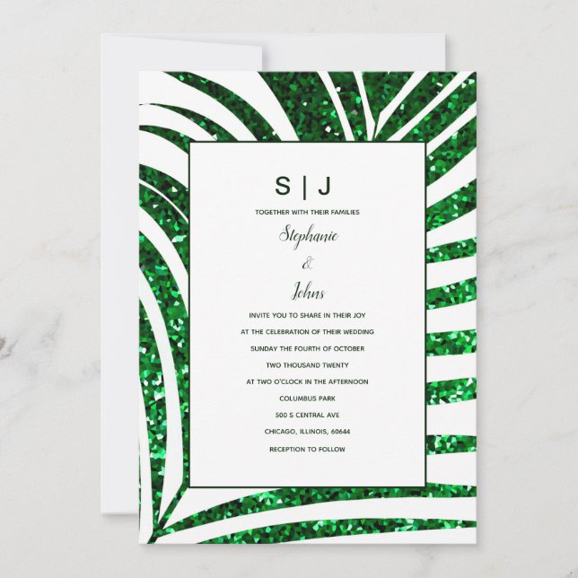 Invitación Boda tropical Purpurina verde esmeralda de hoja de (Anverso)