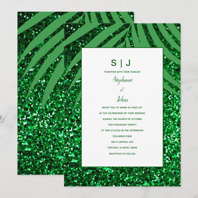 Invitación Boda tropical Purpurina verde esmeralda de hoja de (Anverso / Reverso)