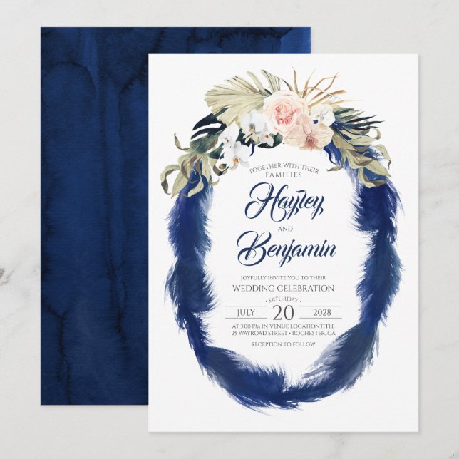 Invitación Boda tropical rosa y azul de la Marina de Grasa de (Anverso / Reverso)