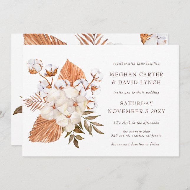 Invitación Boda Tropical Rústico Boho Dried Palm Cotton (Anverso / Reverso)
