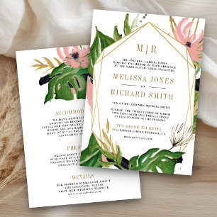 Invitación Boda Tropical Salvaje Dorada Rosa Floral Todo en U
