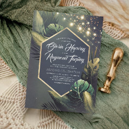 Invitación Boda Tropical Seaside Night and Gold Palms