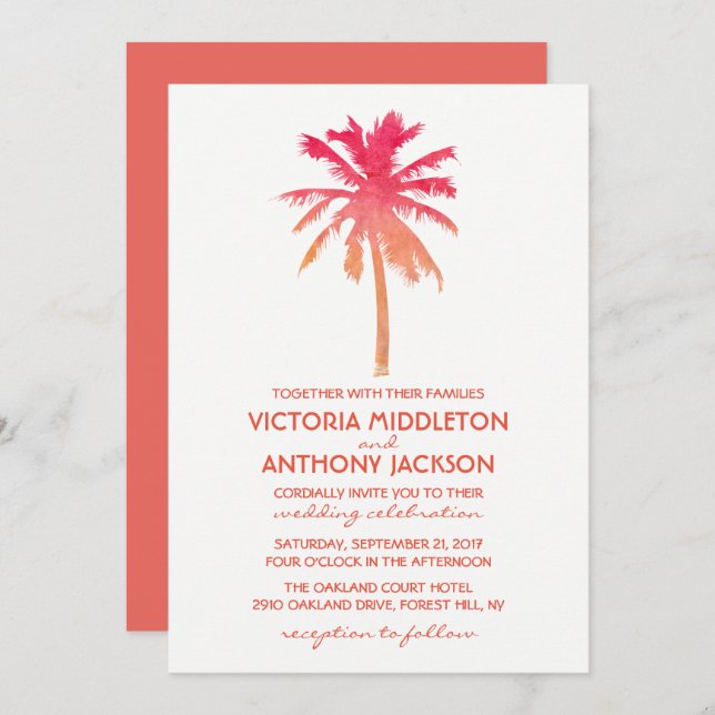 Invitación Boda Tropical Sunset Palm Tree Beach (Anverso / Reverso)