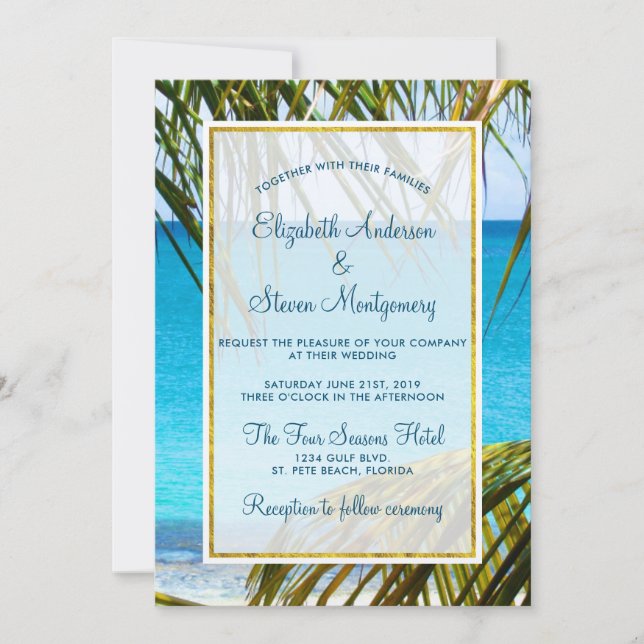 Invitación Boda Tropical Turquesa de Playa con Frondas de Pal (Anverso)