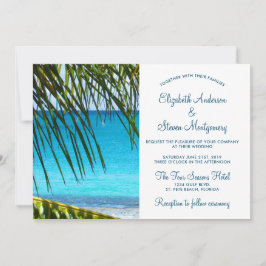 Invitación Boda Tropical Turquesa de Playa con Frondas de Pal