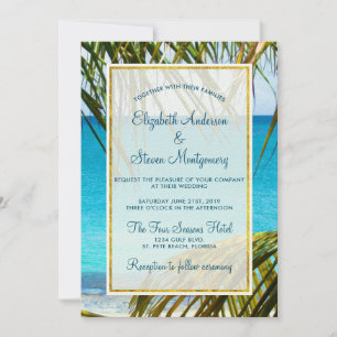 Invitación Boda tropical turquesa en la playa con frondas de